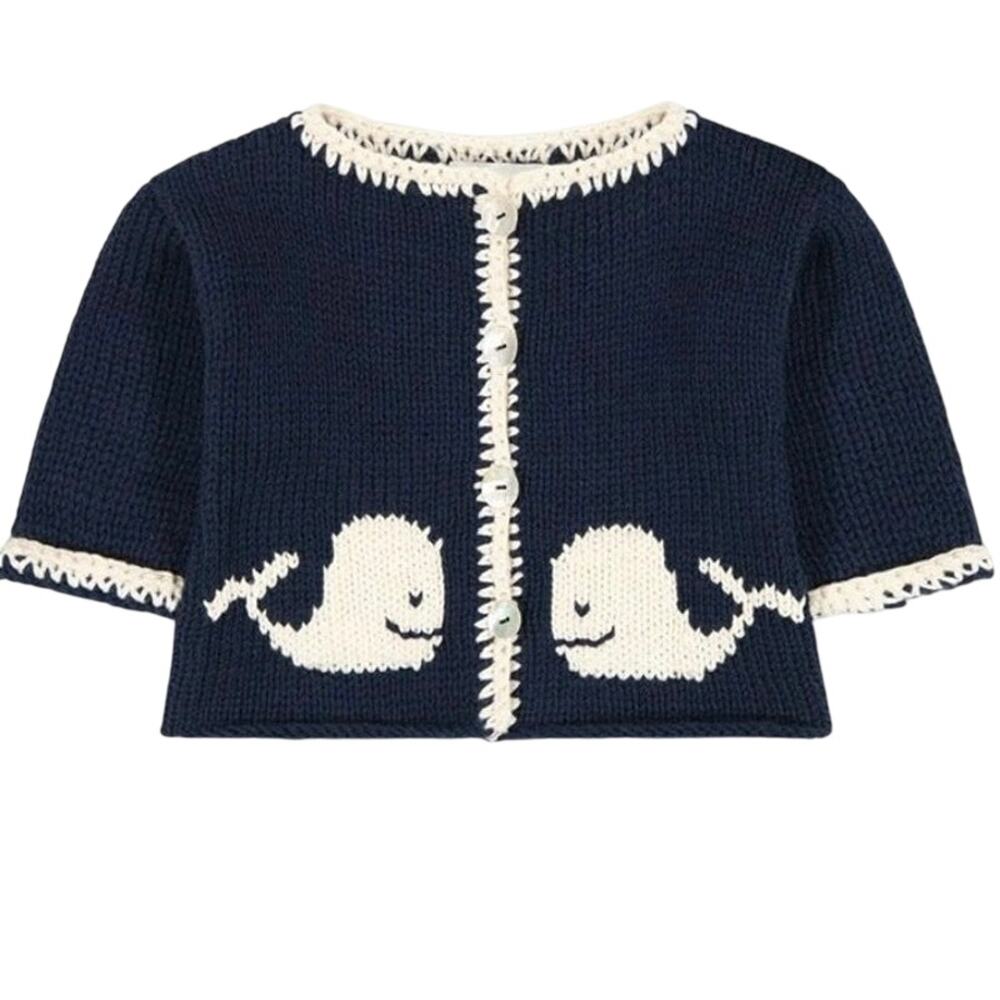 Luba Robert’s Hand Knit Whale Cardigan Nautical Coastal Minimal Preppy Baby 12m